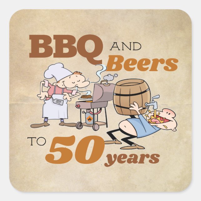 Pegatina Cuadrada Personalizado BBQ and Beers 50 Birthday Rústic The (Anverso)