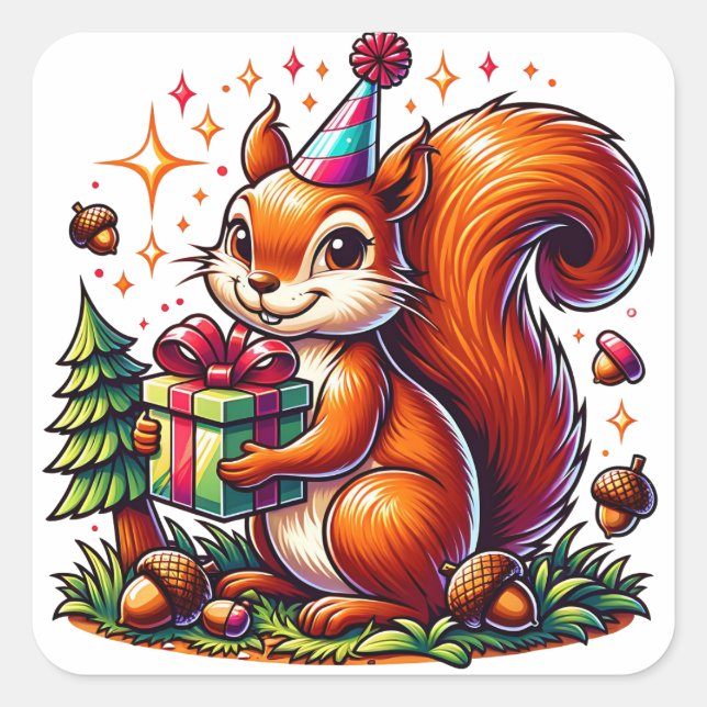 Pegatina Cuadrada Personalizado Birday Squirrel Cute (Anverso)