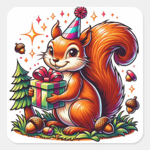 Pegatina Cuadrada Personalizado Birday Squirrel Cute