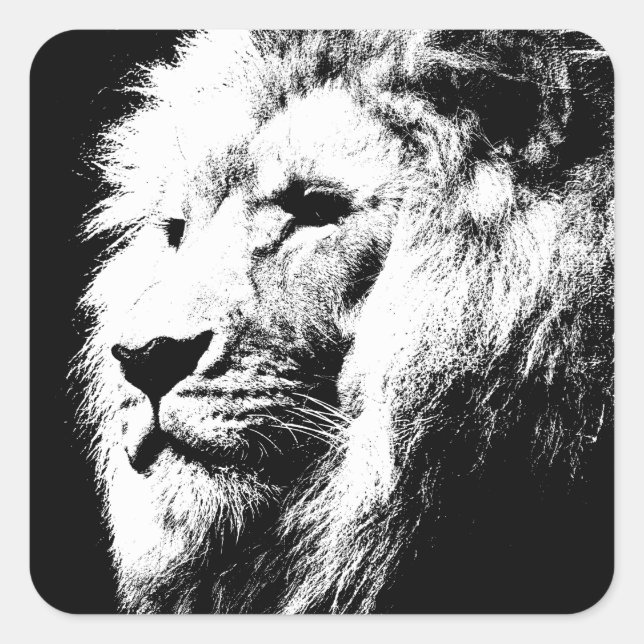 Pegatina Cuadrada Personalizado Black White Pop Art Lion Head Trendy (Anverso)