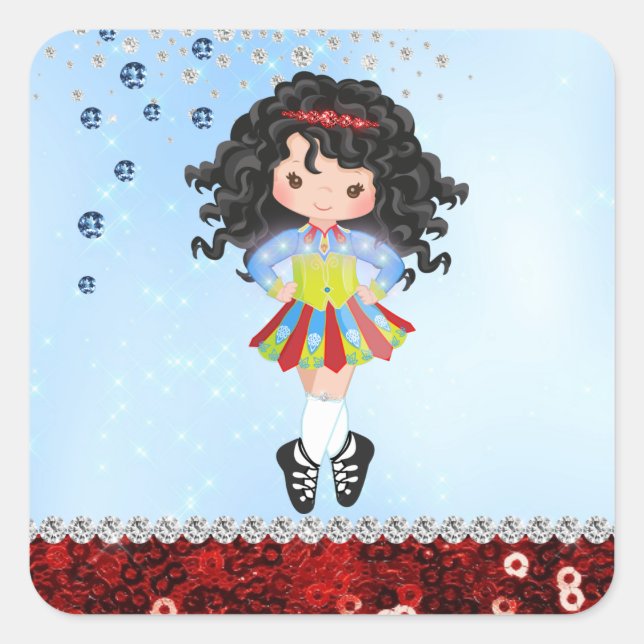 Pegatina Cuadrada Personalizado Blue Irish Dance Dark Hair Chica Dia (Anverso)