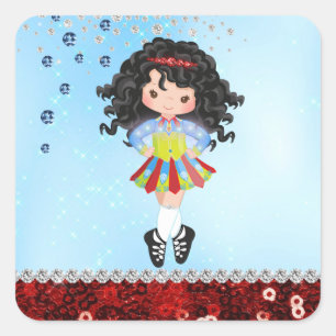 Pegatina Cuadrada Personalizado Blue Irish Dance Dark Hair Chica Dia