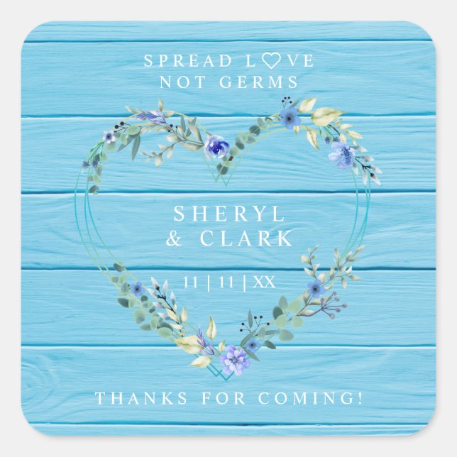 Pegatina Cuadrada Personalizado Blue Wood Floral Heart Boda Sanitize (Anverso)