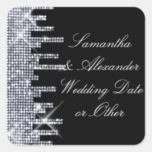 Pegatina Cuadrada Personalizado Boda de glamour negro/plateado Purpu