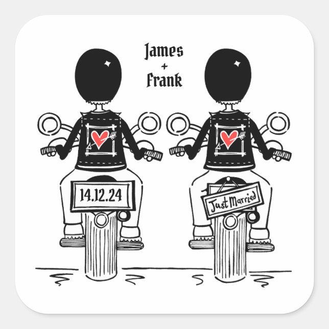 Pegatina Cuadrada Personalizado Boda de motocicleta de dos Grooms Bi (Anverso)