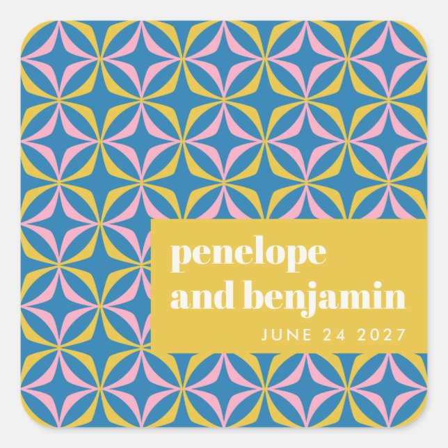 Pegatina Cuadrada Personalizado Boda de tipografía retro azul brilla (Anverso)