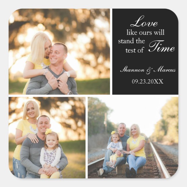 Pegatina Cuadrada Personalizado Boda de tres Collages de fotos (Anverso)