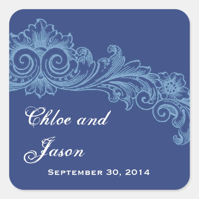 Pegatina Cuadrada Personalizado Boda francés y azul bebé (Anverso)