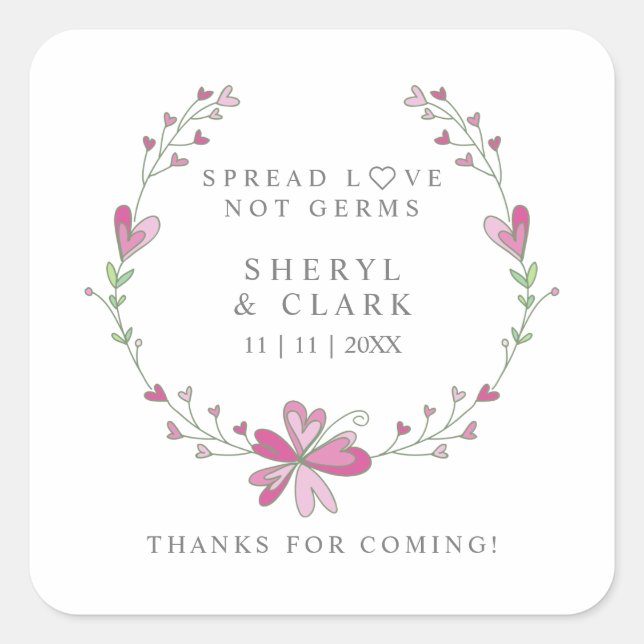 Pegatina Cuadrada Personalizado boda Llanto Floral Rosa Sanitizer (Anverso)