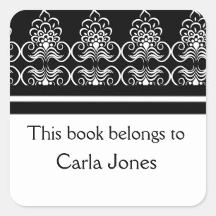 Pegatina Cuadrada Personalizado Bookplate-Black White Swirls Pattern