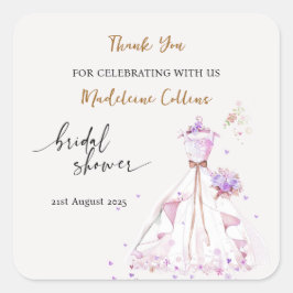 Pegatina Cuadrada Personalizado Bridal Shower Boda vestido Gracias