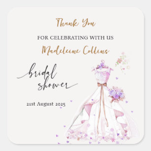Pegatina Cuadrada Personalizado Bridal Shower Boda vestido Gracias