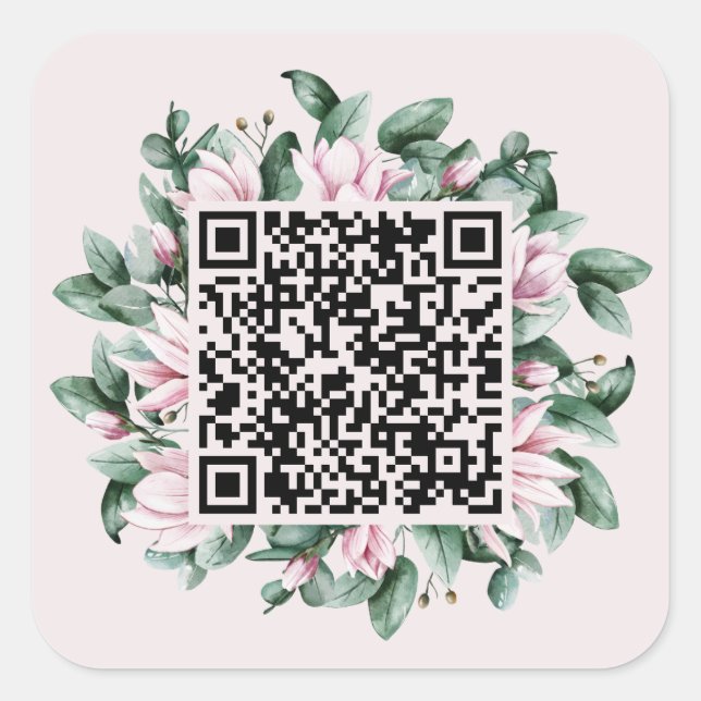 Pegatina Cuadrada Personalizado Código QR Magnolia Flower Frame Boda (Anverso)