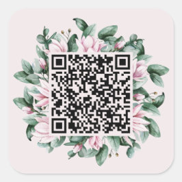 Pegatina Cuadrada Personalizado Código QR Magnolia Flower Frame Boda