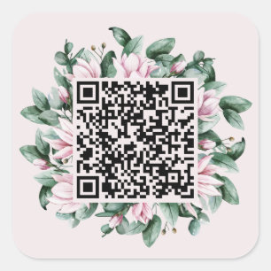 Pegatina Cuadrada Personalizado Código QR Magnolia Flower Frame Boda