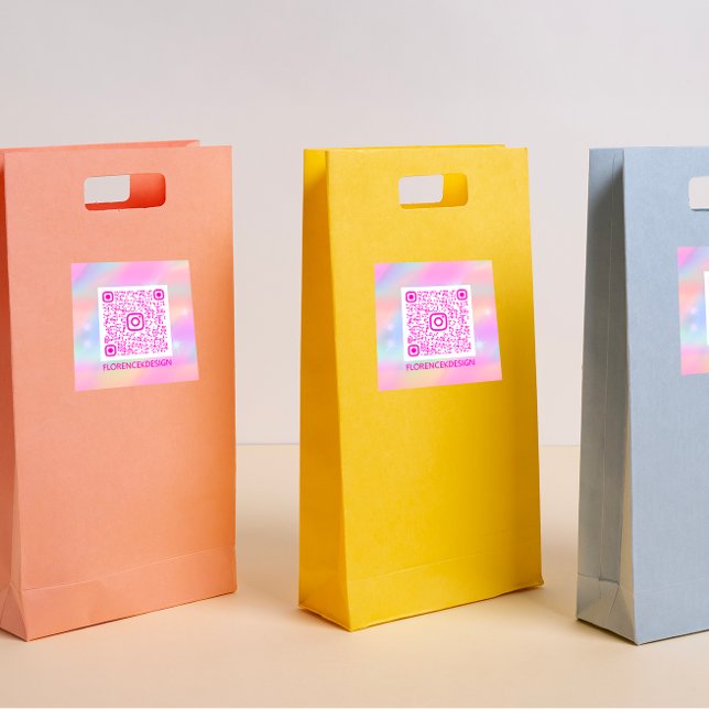 Pegatina Cuadrada Personalizado Código QR Pasteles Holograma Rosa (Holographic Pink QR CODE FLORENCEK)