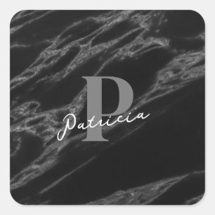 Pegatina Cuadrada Personalizado con el nombre Marble inicial negro