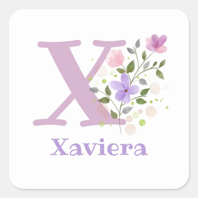 Pegatina Cuadrada Personalizado con Nombre Xaviera y Primer Inicial. (Anverso)