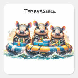 Pegatina Cuadrada Personalizado Cute Armadillos Divirtiéndose De Tub
