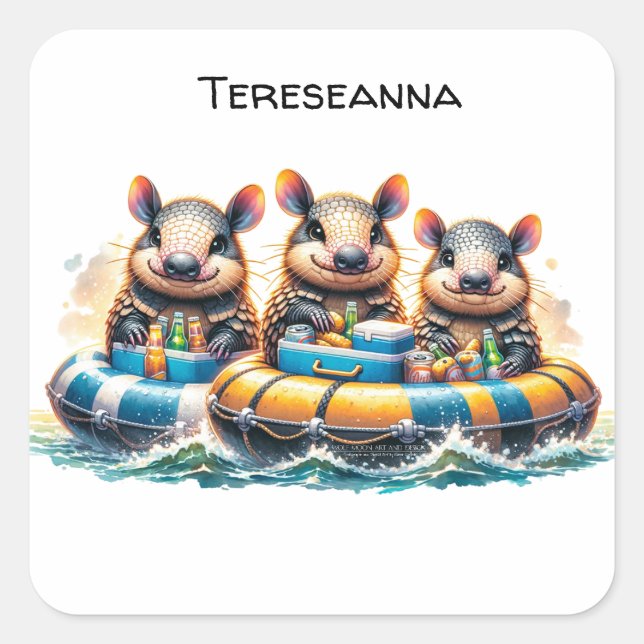 Pegatina Cuadrada Personalizado Cute Armadillos Divirtiéndose De Tub (Anverso)