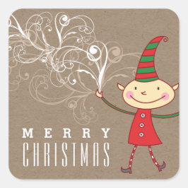 Pegatina Cuadrada Personalizado Cute Elf Swirls Navidades mágicos va