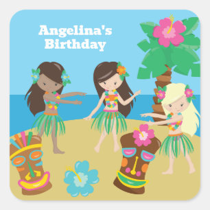 Pegatina Cuadrada Personalizado Cute Luau Beach Partido de Cumpleaño