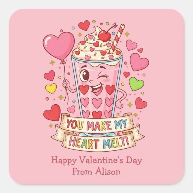Pegatina Cuadrada Personalizado Cute Milkshake San Valentín (Anverso)