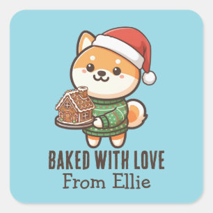 Pegatina Cuadrada Personalizado Cute Shiba Inu Navidad Hecho con Amo