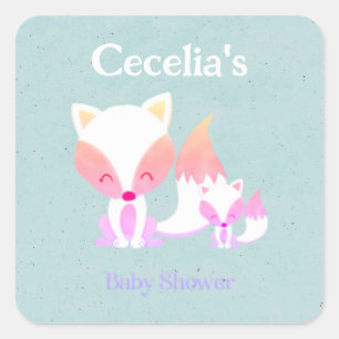 Pegatina Cuadrada Personalizado de Baby Shower de Momma Fox y Baby F