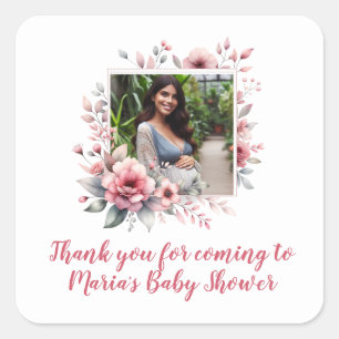 Pegatina Cuadrada Personalizado de Baby Shower Photo Floral Watercol
