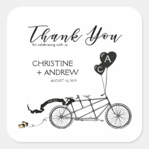 Pegatina Cuadrada Personalizado de Boda Casual Romántico en Biciclet
