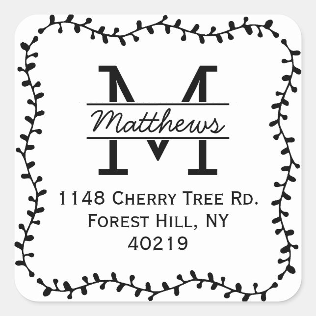 Pegatina Cuadrada Personalizado de borde botánico elegante Monograma (Anverso)