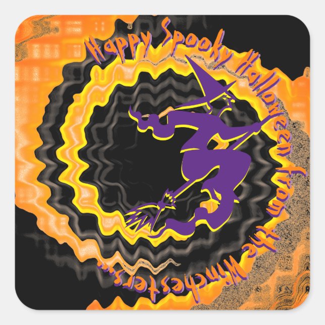 Pegatina Cuadrada Personalizado de brujas voladoras de Halloween tex (Anverso)