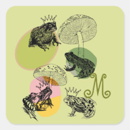 Pegatina Cuadrada Personalizado de champiñones y ranas forestales en