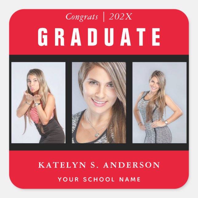 Pegatina Cuadrada Personalizado de Collage de fotos de graduación ro (Anverso)