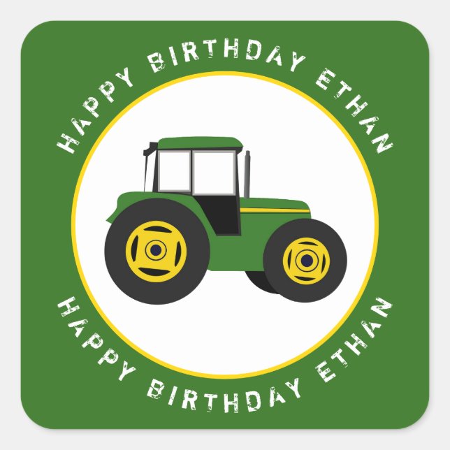 Pegatina Cuadrada Personalizado de cumpleaños de Green Tractor (Anverso)