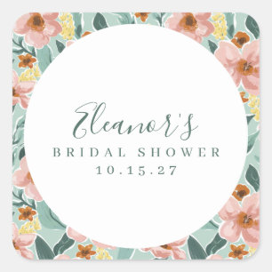 Pegatina Cuadrada Personalizado de ducha de novia con guión floral r