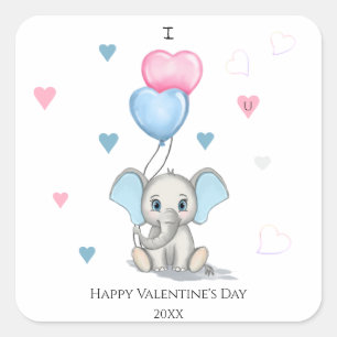 Pegatina Cuadrada Personalizado de elefante lindo   San Valentín pe