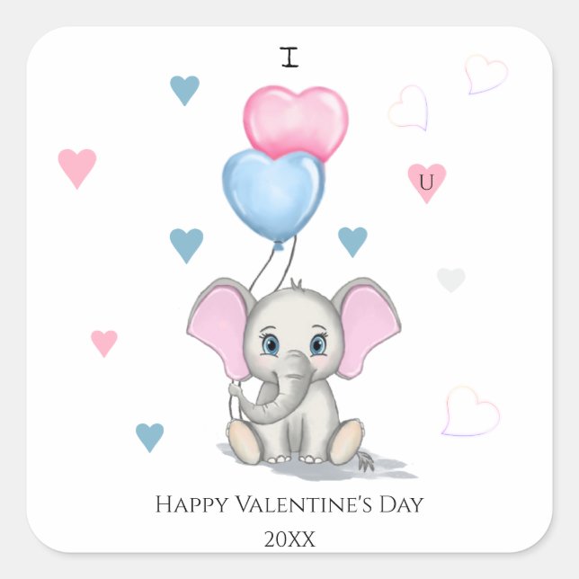 Pegatina Cuadrada Personalizado de elefante lindo | San Valentín per (Anverso)
