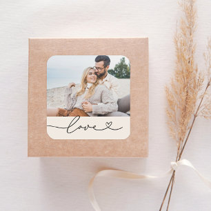 Pegatina Cuadrada Personalizado de guiones de amor Boda blanco suave