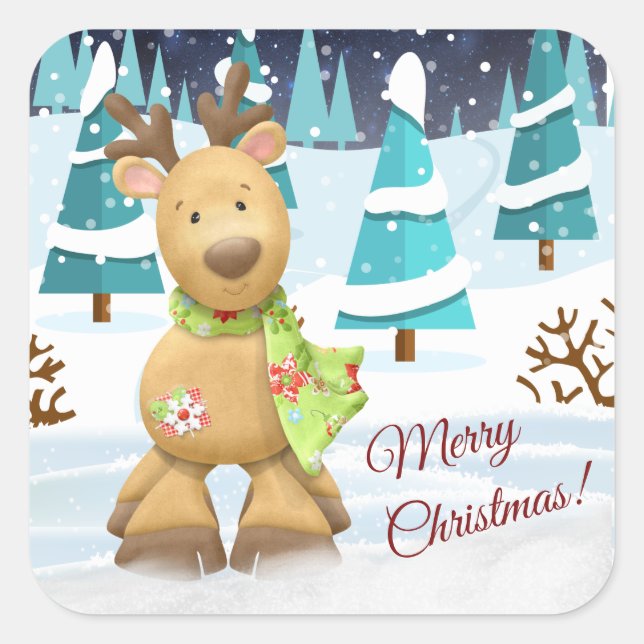 Pegatina Cuadrada Personalizado de invierno de navidad dulce reno (Anverso)