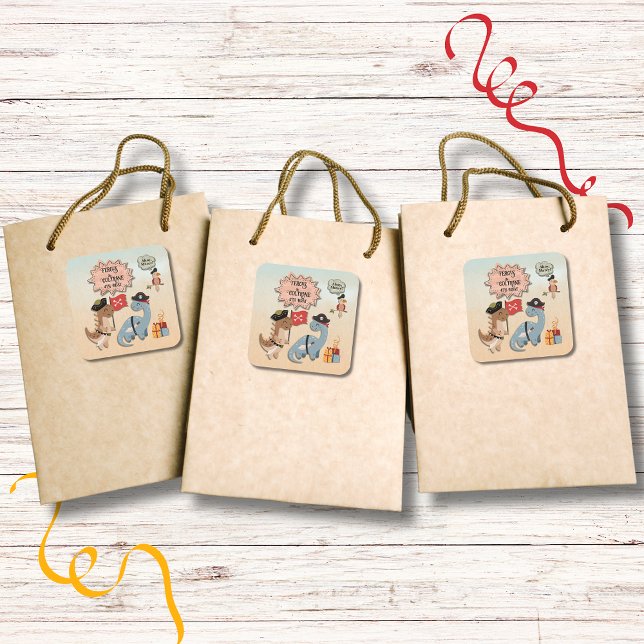 Pegatina Cuadrada Personalizado de la fiesta de cumpleaños de los ni (Dinosaur Pirate twins birthday party stickers to use on their gift bags or other items at the party.)