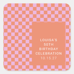Pegatina Cuadrada Personalizado de Naranja rosa Retro Checkerboard C