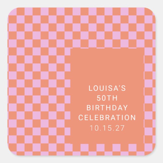 Pegatina Cuadrada Personalizado de Naranja rosa Retro Checkerboard C (Anverso)