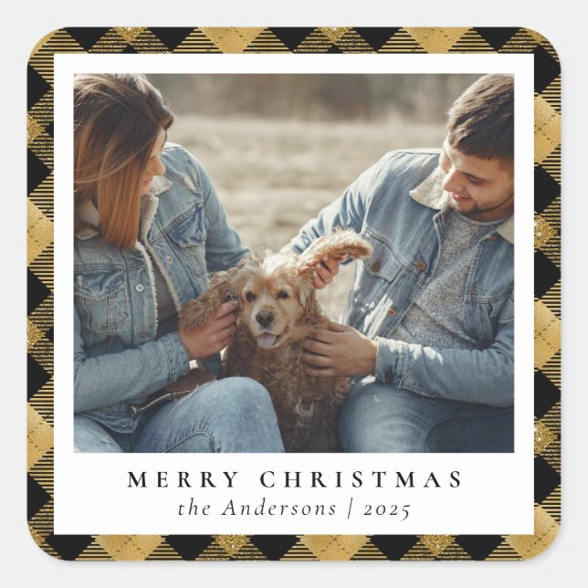 Pegatina Cuadrada Personalizado de Navidad Gold Classic Elegant Merr (Anverso)