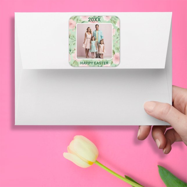 Pegatina Cuadrada Personalizado de Pascua Foto Pastel Pink & Green F (Subido por el creador)