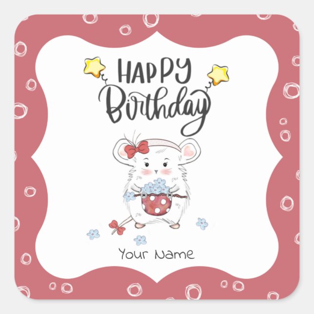 Pegatina Cuadrada Personalizado de Pequeño Hamster Feliz cumpleaños (Anverso)