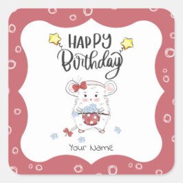 Pegatina Cuadrada Personalizado de Pequeño Hamster Feliz cumpleaños