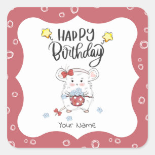 Pegatina Cuadrada Personalizado de Pequeño Hamster Feliz cumpleaños