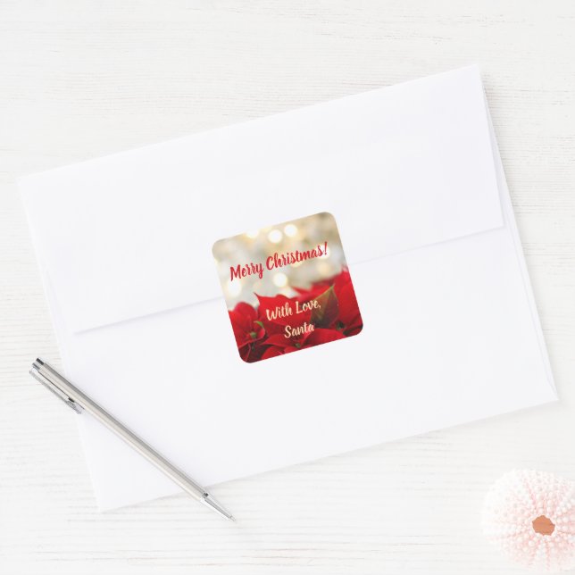 Pegatina Cuadrada Personalizado de Poinsettia Roja Texto Navidades F (Sobre)